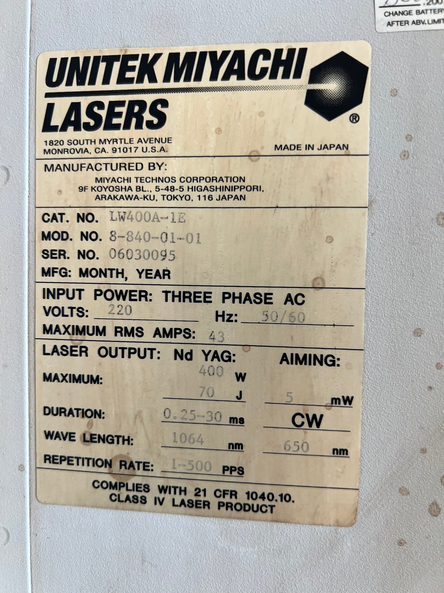 UNITEK MIYACHI LASERS LW400A LASER POWER SUPPLY/WELDER