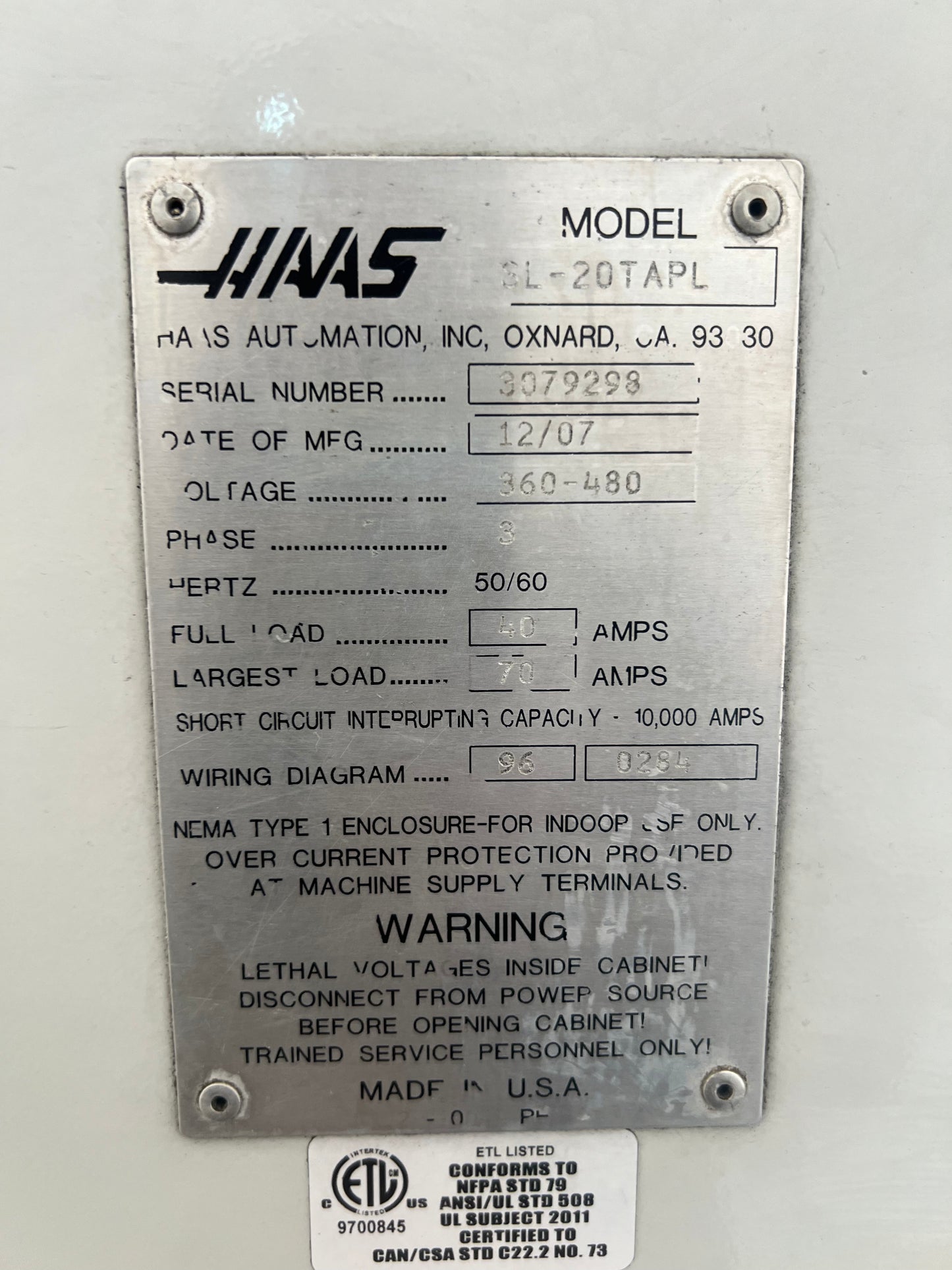 2007 HAAS SL-20T CNC TURNING CENTER