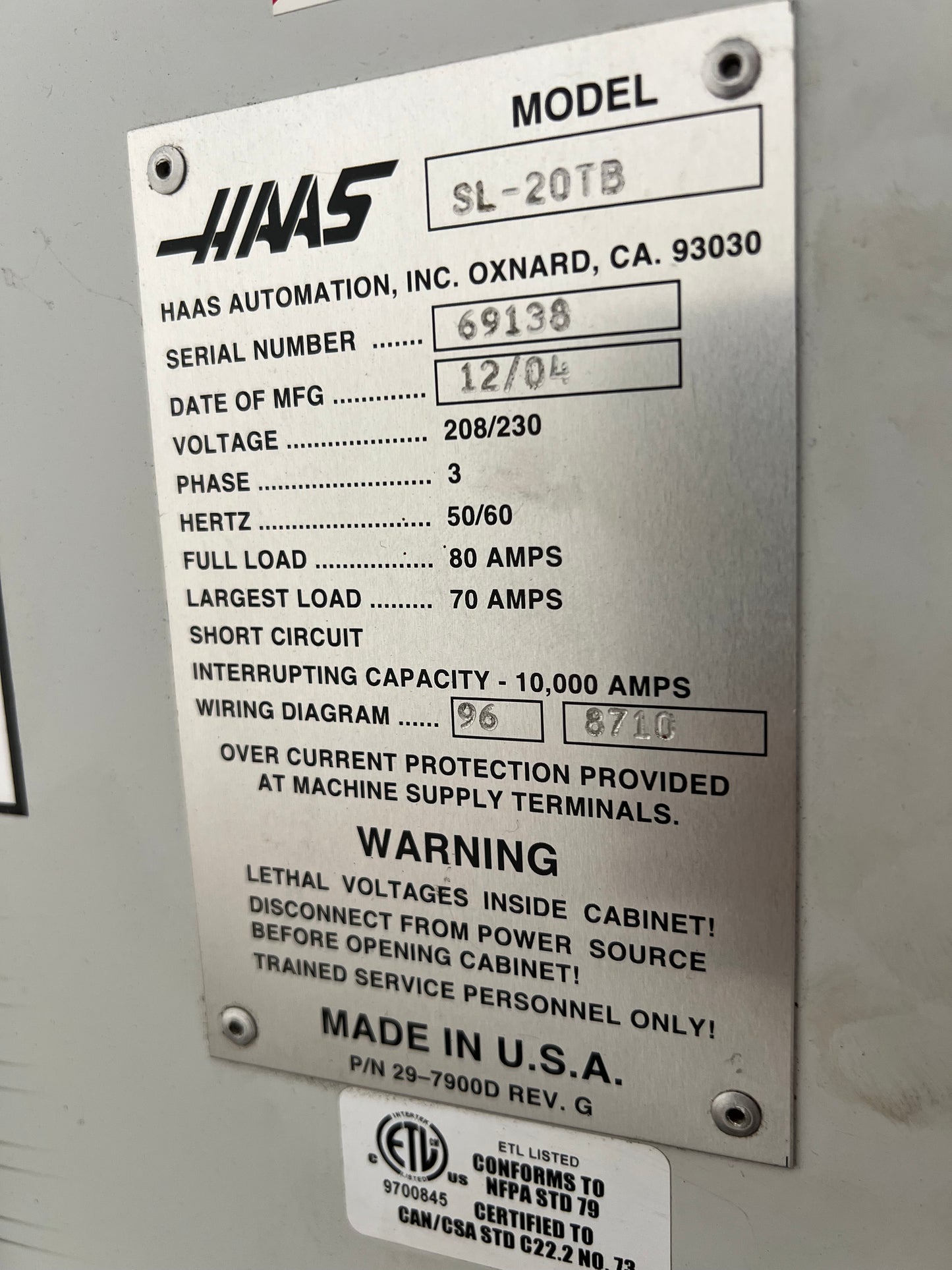 2004 HAAS CNC LATHE SL-20